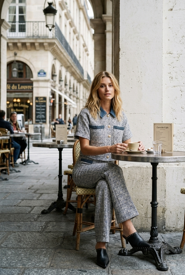 Chemise courte tweed et jean ALEXIA