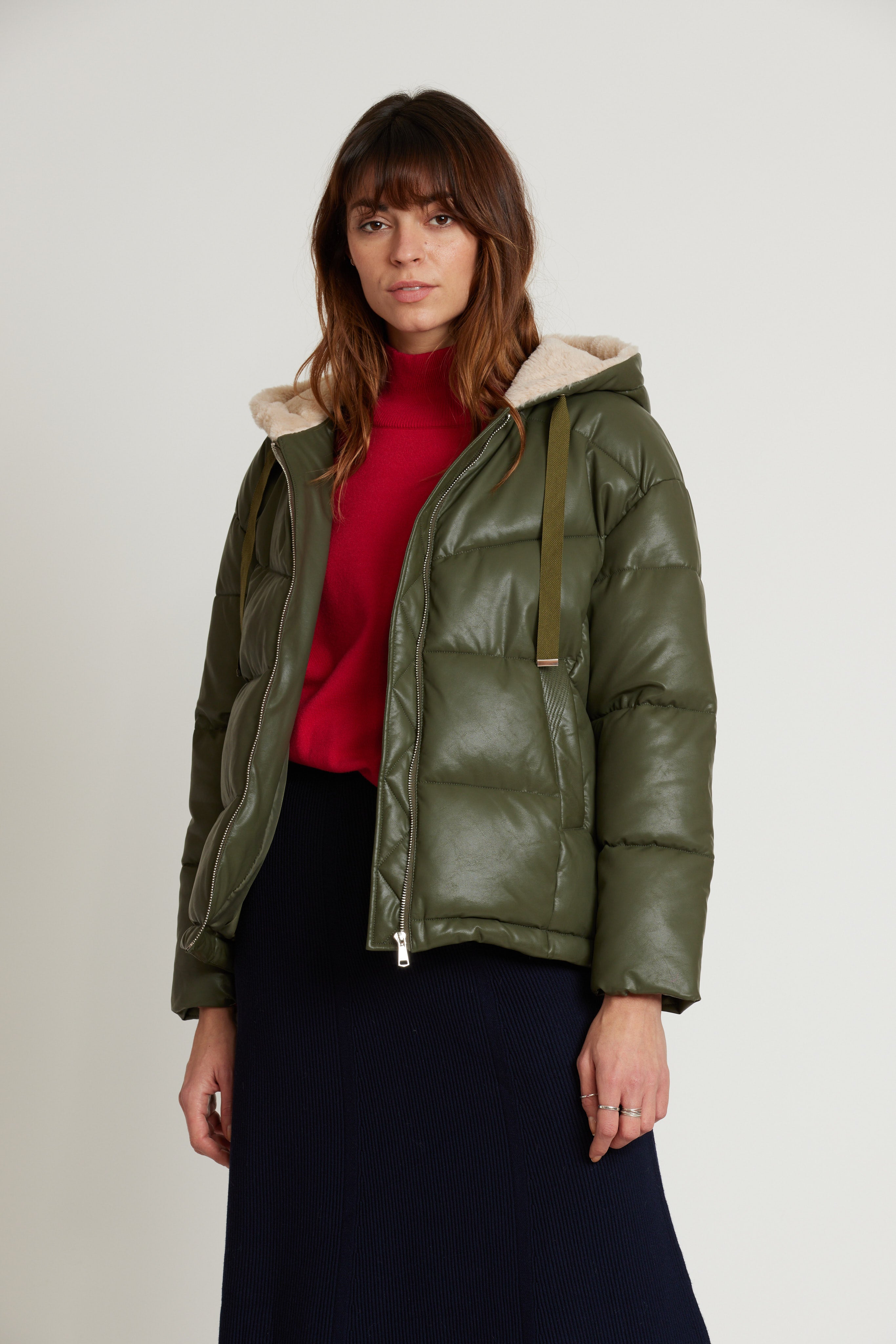 NEFERTITI faux leather down jacket and fur-lined hood