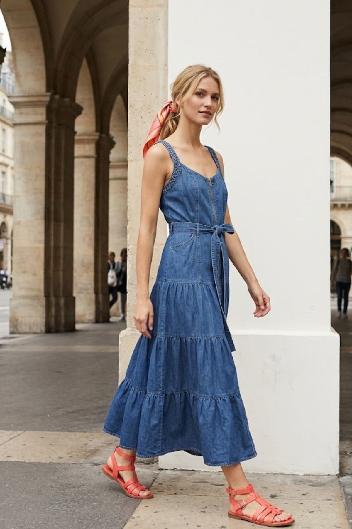 Robe longue midi à bretelles fines avec décolleté carré, confectionnée dans un tissu fluide à coupe évasée. 