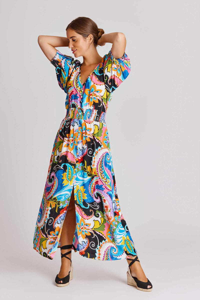 Robe boutonnée col V imprimée AIKO