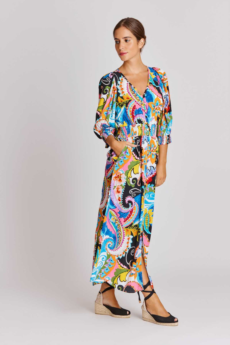 Robe boutonnée col V imprimée AIKO