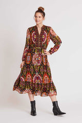 Robe midi col V imprimée et galon brodé SALAMANCA