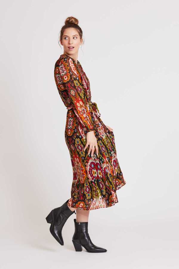Robe midi col V imprimée et galon brodé SALAMANCA