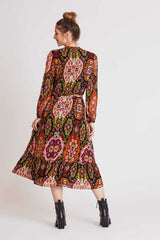 Robe midi col V imprimée et galon brodé SALAMANCA