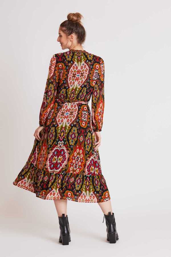 Robe midi col V imprimée et galon brodé SALAMANCA