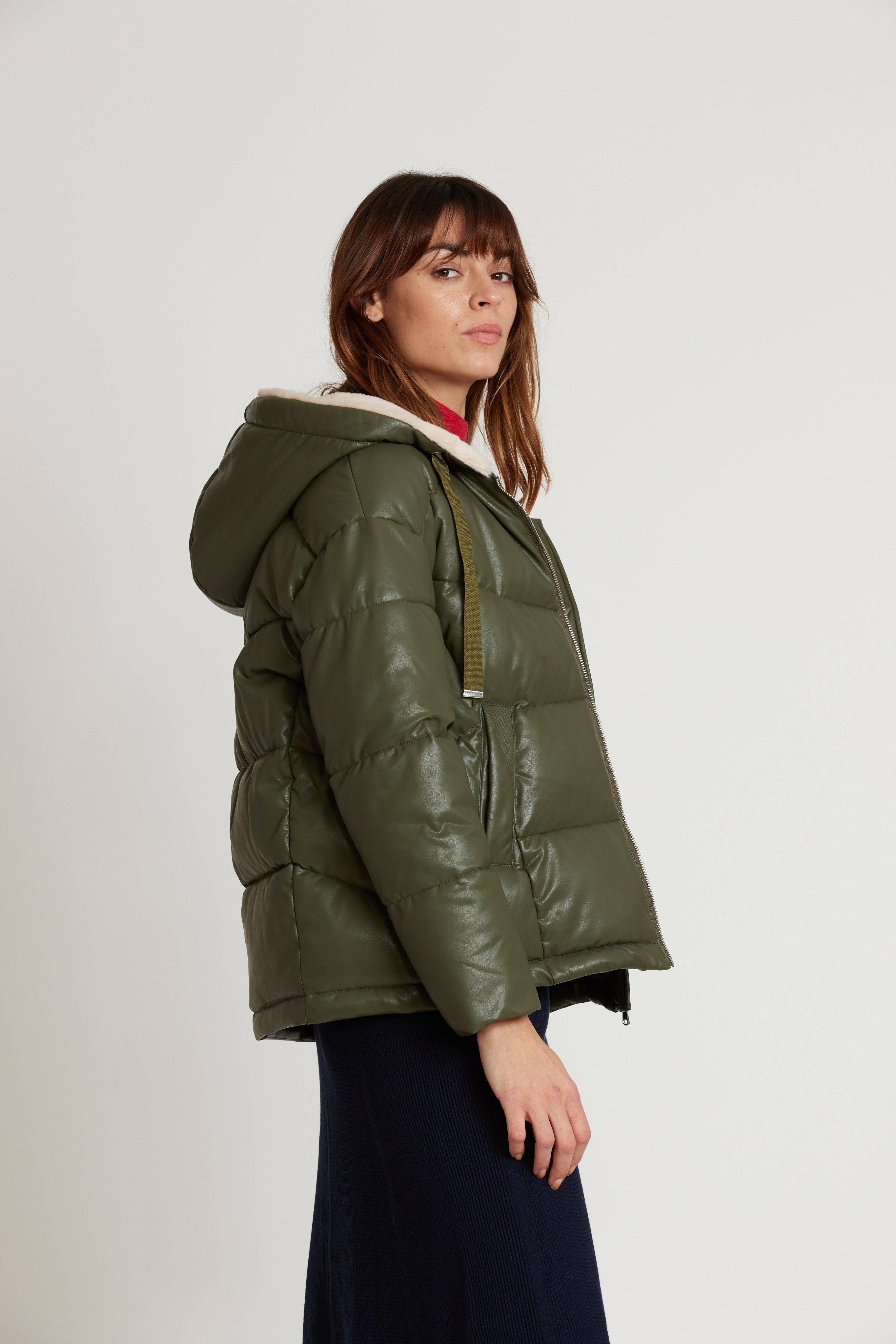 NEFERTITI faux leather down jacket and fur-lined hood