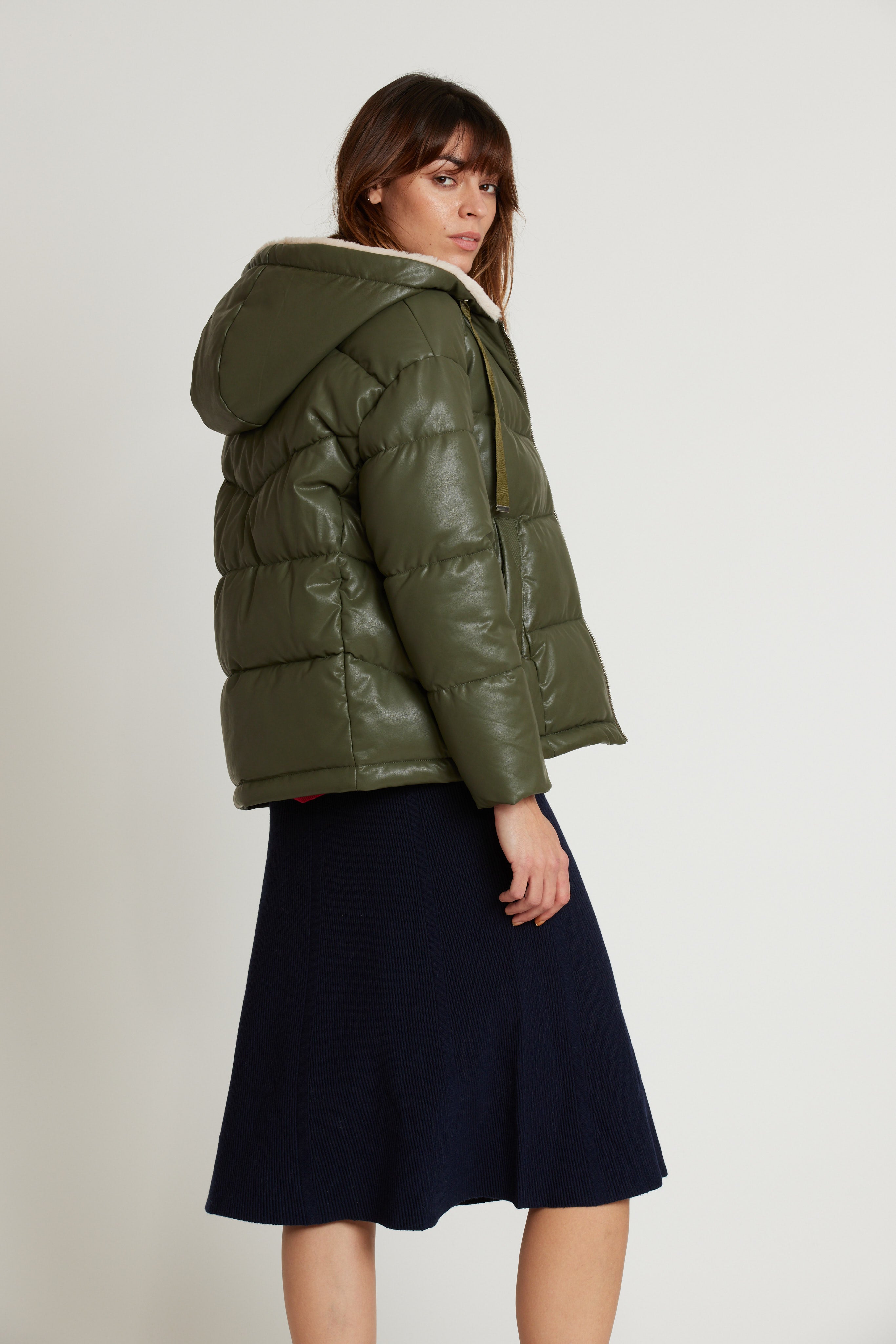 NEFERTITI faux leather down jacket and fur-lined hood